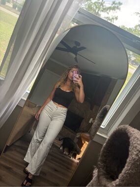 abercrombie cream and beige striped jeans. Says kids 16 so size 2/3 in adult